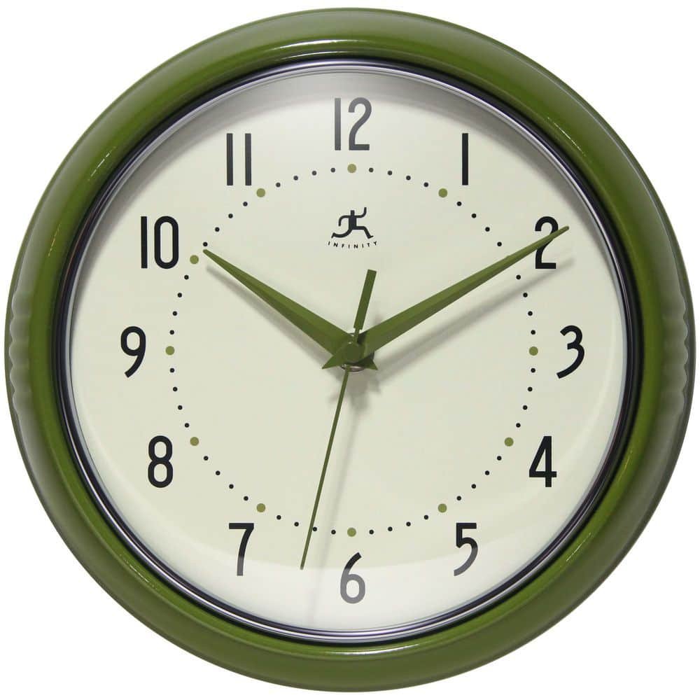 Retro Round Olive Green Aluminum Wall Clock, 9.5 in.