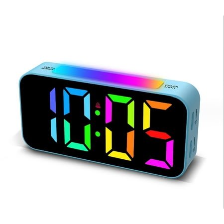RGB mood light multifunctional electronic alarm clock, plug-in with memory battery compartment, 0-100% brightness dimmer, multi-color bold digital display, colorful light display + 2 sets of independent alarm settings + 3 levels of volume settings + 5 levels of screen brightness + 8 night light color switching display + snooze mode