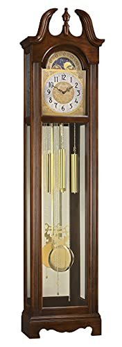 Ridgeway Harper Floor Clock, Large Lyre Pendulum Grandfather Brown Clocks with Bellaire Wood Finishing for Home Decor, Office & Living Room Single-Chime Quartz Movement Swan Neck Pediment