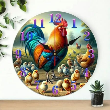 Rooster hen chicks Wood Wall Clock Silent Mechanical Movement, Wall art Decor Great for Living Room, Kitchen, Dorm Decoration and Daily Practical Gift