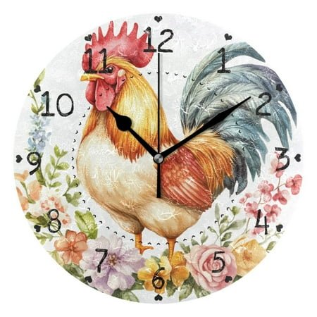Rooster Stand on Flowers Round Wall Clock Silent Analog Battery Operated Black Pointer Home Decor 9.84 Diameter