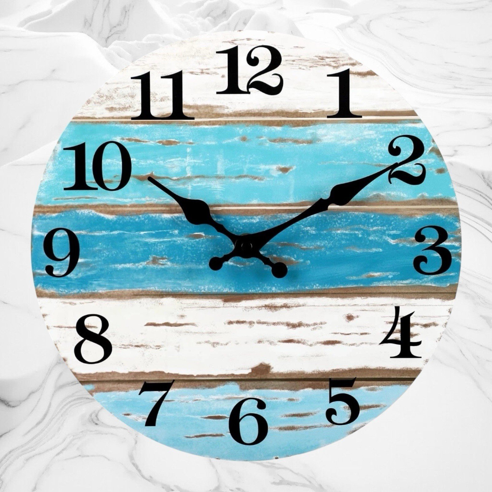 Rustic Beach-Themed Wall Clock 10” Round Distressed Wood Look Blue White Stripe