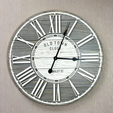 Rustic Vintage Wall Clock – 26.5-Inch “Old Town” Farmhouse Clock with Raised Roman Numerals, Distressed Wood Look, Silent Movement