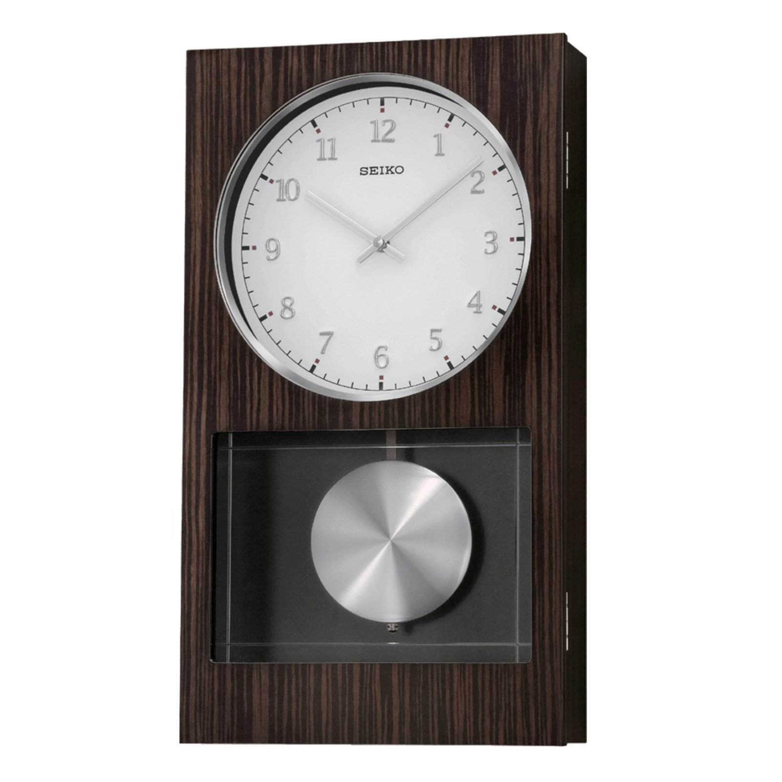 Seiko Modern Dark Wooden Wall Clock with Pendulum and Dual Brown