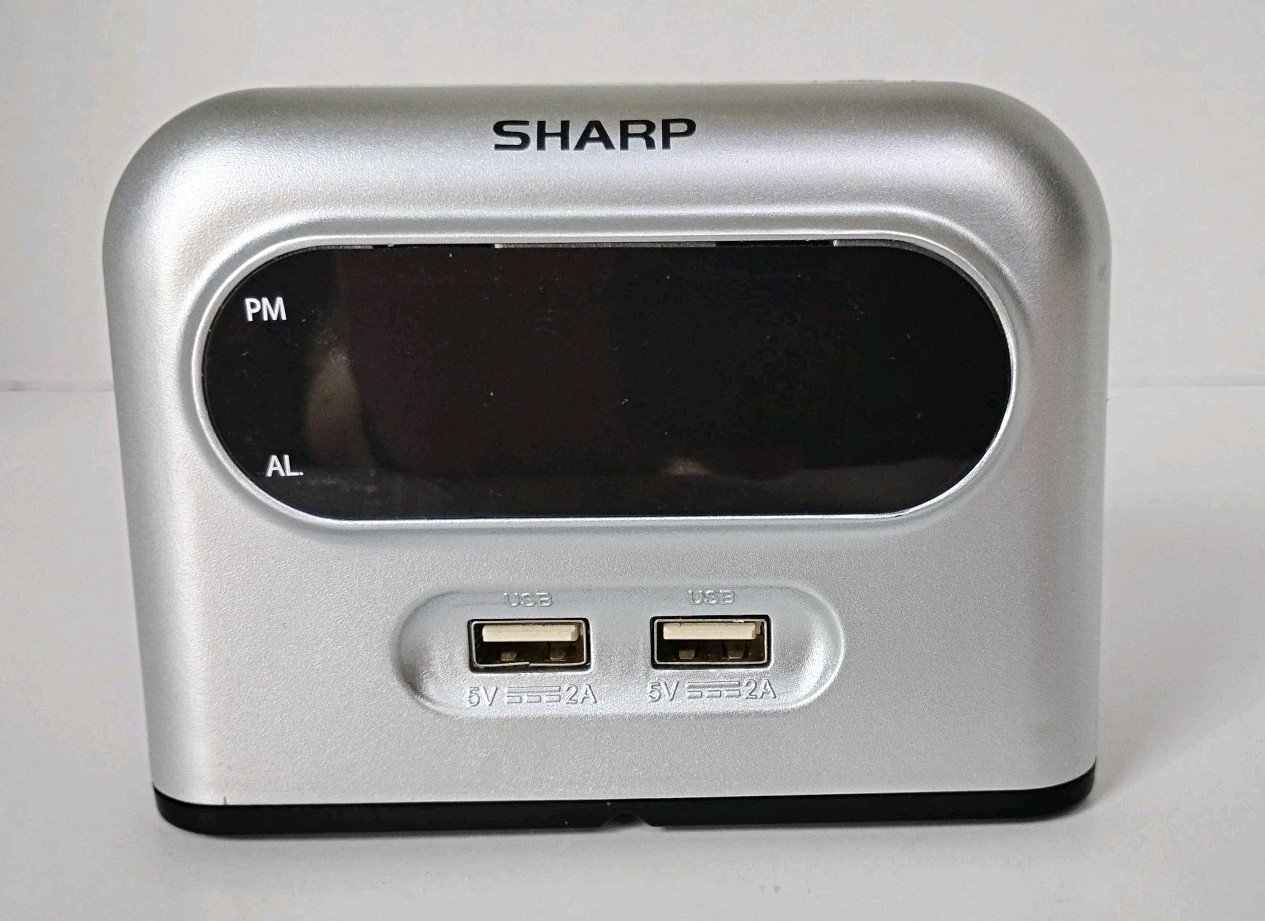 Sharp Digital Alarm Clock with 2x 2 AMP USB Charging Ports, Tested