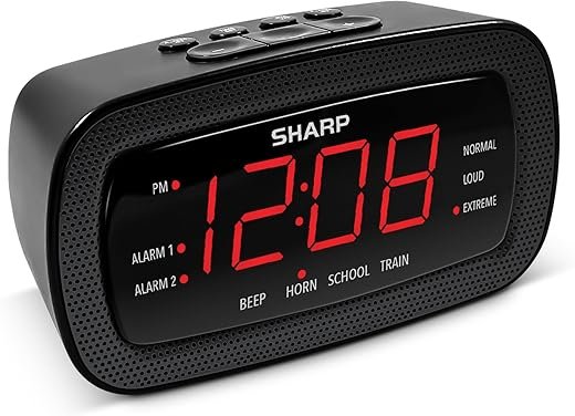 Sharp Shockwave Alarm Clock for Heavy Sleepers – 105dB Ultra-Loud Wake-Up, Air Horn, School Bell, Train Whistle, Beep, Dual Alarms, 3 Adjustable Volumes, LED Display Dimmer