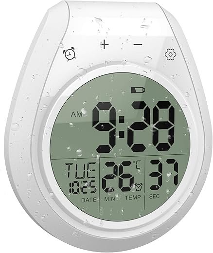 Shower Timer Clock Waterproof, Digital Bathroom Kitchen Wall Clock with LCD Display, 12/24 Hour Format, Temperature, Countdown Timer, Suction Cup, Hanging Hole