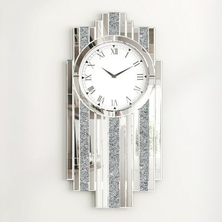 SHYFOY Luxury Art Deco Mirrored Wall Clock with Crushed Diamond Inlay Silver Glass Accent for Living Room