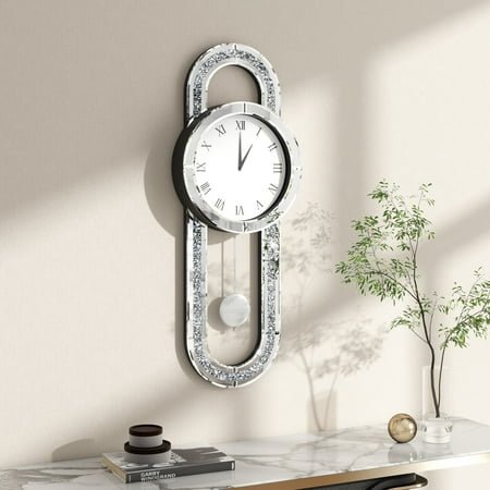 SHYFOY Oval Glass Wall Clock Crushed Diamond Inlay Oversized Clocks for Home Decor