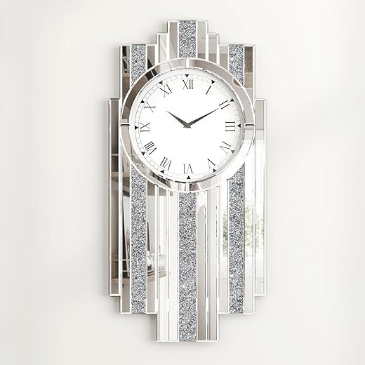 SHYFOY Silver Mirror Clock, 25.6x13.8 Crystal Sparkle Wall Clock with Crushed Diamond Modern and Silent Large Wall Clock Frameless Glass Wall Decor for Living Room Home Kitchen Office