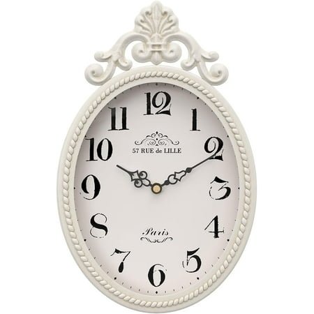 Silent Battery Operated French Retro Wall Clock, Ivory White Oval Vintage Decor for Farmhouse Kitchen Bedroom Bathroom