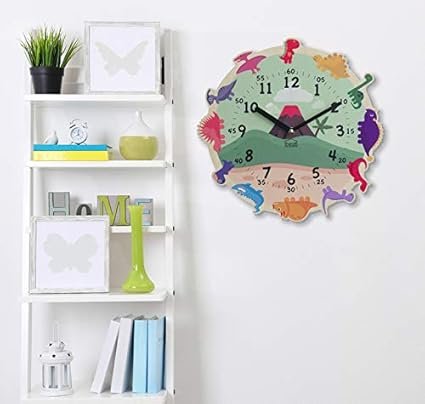 Silent Kids Wall Clock - Dinosaur Wooden Clock for Home, Nursery, Office, Baby Room - Non-Ticking, Decorative, Cute (Happy Dinosaur)