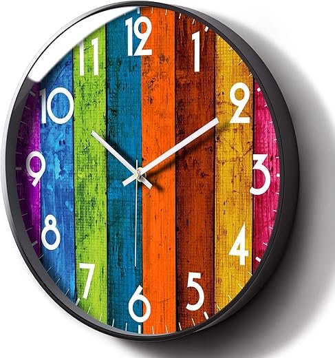 Silent Non-Ticking Wall Clock Colorful Multicolour Analog Large Display Mid Century Modern Battery Operated Quiet Unique Clock Vintage Decor for Living Room Garage Kitchen Kids Room Bathroom 12inch