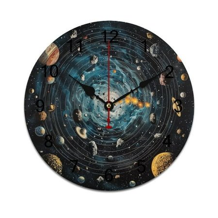 Silent Wall Clock 34cm/13.39in Round Wall Clock Galaxy System Hanging Clock for Home Living Room Bedroom Kitchen Non Ticking Battery Operated Living Room Mute Clock