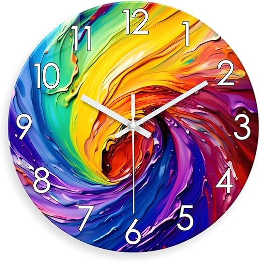 Silent Wall Clock Non Ticking Glass Analog Wall Clocks Battery Operated 14 Inch Abstract Colorful Wall Clock for Girl Bedroom