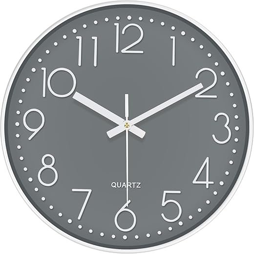Silent Wall Clocks Battery Operated 8 Inch, Analog Wall Clock with Oversized Number Tempered Glass Clock Face, Quartz Non Ticking Wall Clocks for Living Room Bedroom Kitchen Office, Grey