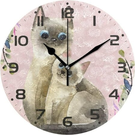 SKYSONIC Cat Mom Flower Pink Wall Clock 10 Inch Silent Non Ticking Round Clock Oil Painting Clock Easy to Read Clock for Living Room Bedroom Bathroom Home Decor