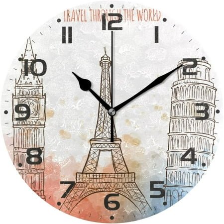 SKYSONIC Paris Eiffel Tower Wall Clock 10 Inch Silent Non Ticking Round Clock Oil Painting Clock Easy to Read Clock for Living Room Bedroom Bathroom Home Decor