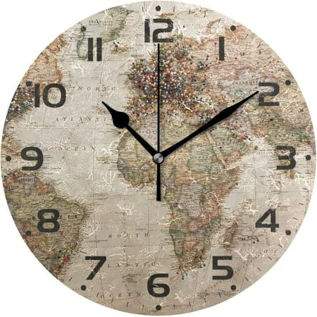 SKYSONIC Vintage World Map Wall Clock 10 Inch Silent Non Ticking Round Clock Oil Painting Clock Easy to Read Clock for Living Room Bedroom Bathroom Home Decor