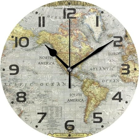 SKYSONIC Vintage World Map Wall Clock 10 Inch Silent Non Ticking Round Clock Oil Painting Clock Easy to Read Clock for Living Room Bedroom Bathroom Home Decor