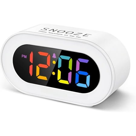 Small Colorful LED Digital Alarm Clock with Snooze, Simple to Operate, Full Range Brightness Dimmer, Adjustable Alarm Volume, Outlet Powered Compact Clock for Bedrooms, Bedside, Desk, Shelf