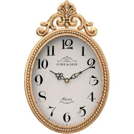Small French Retro Wall Clock, Antique Gold Oval Design, Silent Battery Operated Boho Decor for Farmhouse Kitchen Bedroom Bathroom 10.4 H x 6.7 W