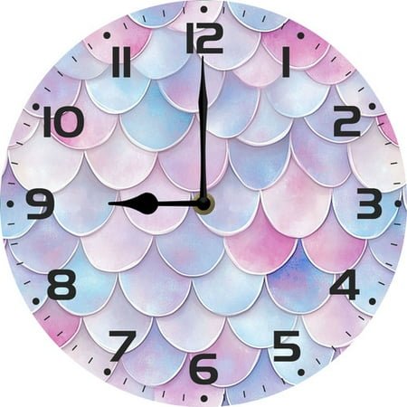Soliyoahee Mermaid Fish Scale Wall Clock 10inch Silent Round Wall Clock Battery Operated Non Ticking Creative Decorative Clock for Kids Living Room Bedroom Office Kitchen Home Decor