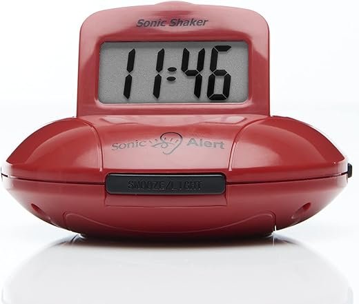 Sonic Alert Digital Alarm Clock - Travel Alarm Clock for Heavy Sleepers - Bed Shaker Alarm Clock - Vibrating Alarm Clock Under Pillow - Battery Operated โ Red