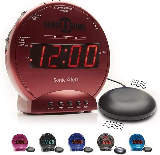 Sonic Alert Sonic Bomb Dual Alarm Clock with Bed Shaker, Red Vibrating Alarm Clock Heavy Sleepers, Battery Backup | Wake with a Shake