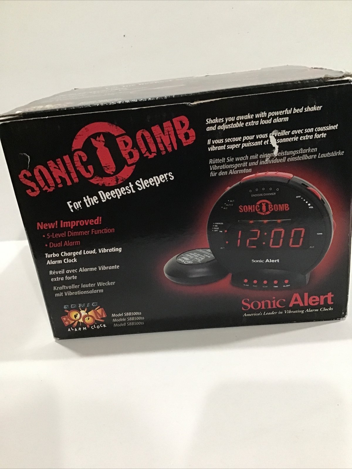 Sonic Alert Sonic Bomb Extra-Loud Vibrating Alarm Clock Black New In Open Box