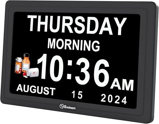 Soobest Digital Dementia Alarm Clock for Seniors Elderly, Electric Large Display Date Day of Week Time Calendar Clock 20 Reminders 3 Ringtones for Memory Loss Alzheimers, Auto DST/Dimmer, 1024*600P HD