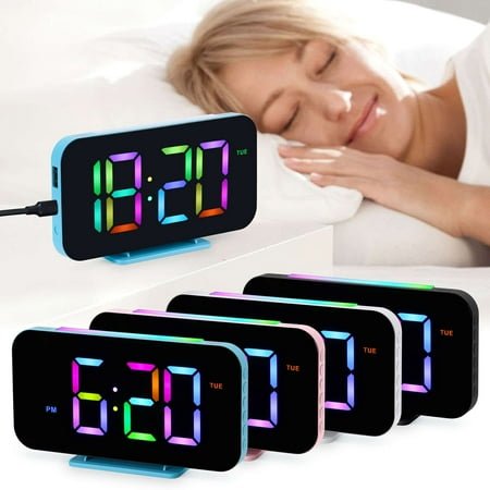 Spencer Alarm Clock for Bedroom, Digital Alarm Clock with Dual USB Charger Ports, 10 Color NightLight, Dimmer, Snooze, 2 Alarm Loud LED Big Display Modern Clock for Deep Sleepers Teens Kids