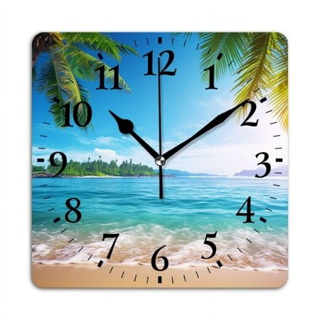 Square Wall Clock,Beautiful Tropical Beach With Palm Trees And Blue Sea Water,Silent Non-Ticking Wall Clock Decor for Home Office Kitchen Living Room Bedroom(10inch)