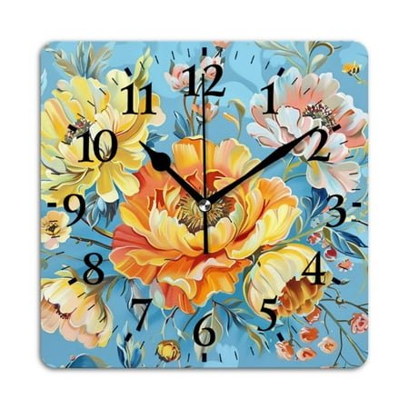Square Wall Clock,Hand-Painted Flowers In Light Blue And Orange Tones,Silent Non-Ticking Wall Clock Decor for Home Office Kitchen Living Room Bedroom(14inch)