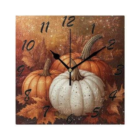 Square Wall Clock Silent Non-Ticking Battery Operated Retro 7.78 Clock for Bedroom Living Room Decor Three Pumpkins and Leaves