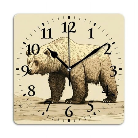 Square Wall Clock,Vintage Style Wild Animal Bear Hand Drawing Artistic,Silent Non-Ticking Wall Clock Decor for Home Office Kitchen Living Room Bedroom(10inch)