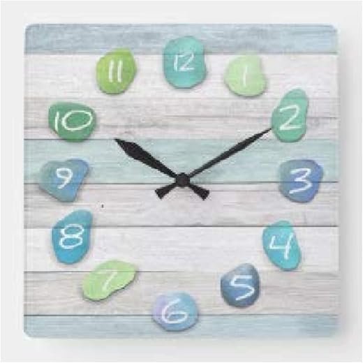 Square Wooden Wall Clock Sea Glass Beach Driftwood Ocean Wood Clock 10 Inch Silent Non-Ticking Wooden Wall Clocks Battery Operated Living Room Bedroom Kitchen Farmhouse Decor Christmas Birthday Gift