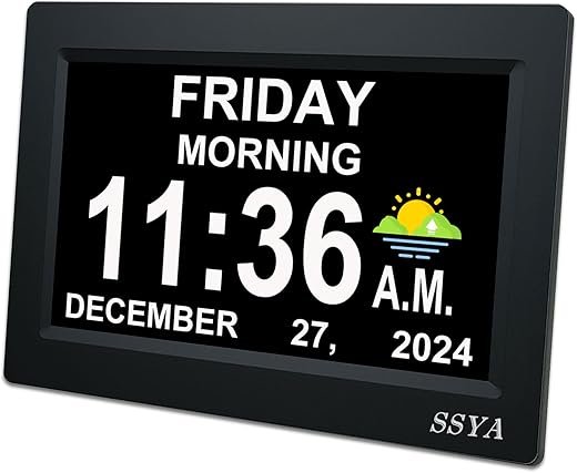 SSYA 7 Inch Calendar Clock - 12 Alarm Options, Level 5 Auto Dimmable Display,Extra Large Impaired Vision Digital Clock with Non-Abbreviated Day & Month (Black)