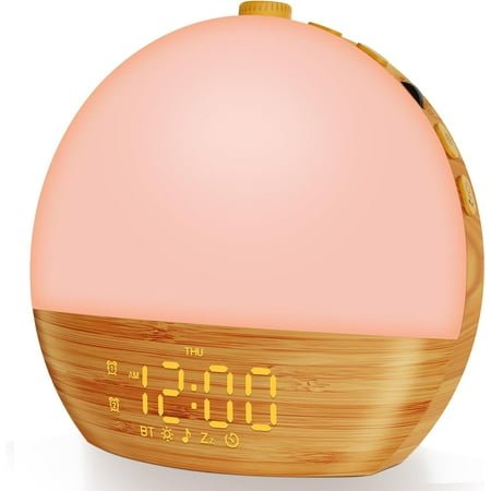 Sunrise Alarm Clock: Wake Up Light, Wood Grain, Bluetooth, Dual Digital Alarm Clocks for Bedrooms, Adjustable Brightness, 30 Sleep Sounds, White Noise Machine for Baby & Adults