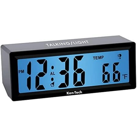 Talking Alarm Clock for Visually Impaired, Elderly People, Blind, Hourly Voice Notifications, Blue Backlight Large Display Shows Time and Temperature, Loud for Heavy Sleepers by Ken-Tech, Black