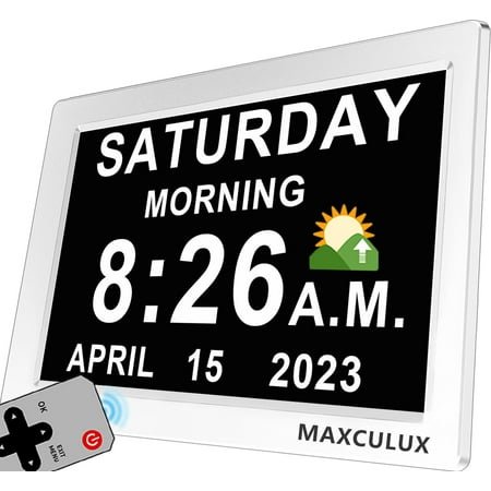 Talking Digital Calendar Clock with Day Date Announcement, 20 Alarms, High Resolution Display, Adjustable Brightness, Auto Time Reset, Remote Control for Seniors, White