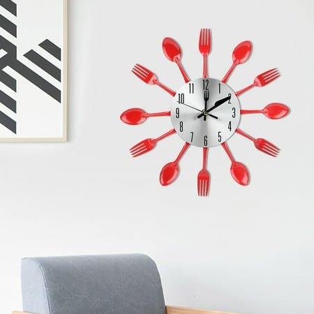 Tebru Clock Kitchen Decoration, Noiseless Stainless Steel Cutlery Clock Knife and Fork Spoon Wall Clock Kitchen Decoration