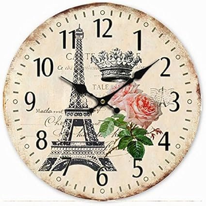 Telisha Wooden Wall Clock Paris French Eiffel Tower Rose Crown Clock Retro Vintage Large Clock Home Decorative Country Non -Ticking Silent Quiet 14 Inch Gift