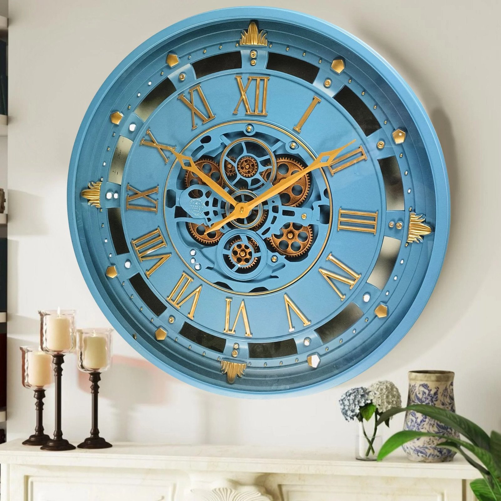 The Gears Clock BELGIUM LINE WALL CLOCK ROUND 26 INCH BLUE