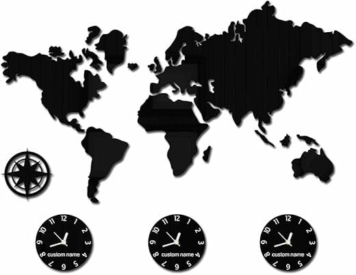 The Geeky Days World Map Large Wall Clock Personalized City Time Zone Battery Operated Silent Non Ticking Wall Watch Office Geographic Wall Art Decor (Custom Design)
