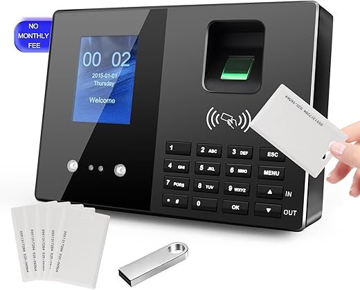 Time Clock-Time Clocks for Employees Small Business-Badges& Fingerprint Attendance Machine, 0 Monthly Fee Office in/Out Punch Clock, with 5 Badges-T200