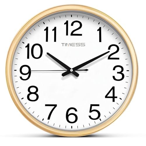 TIMESS Wall Clock, 13 Inch Large Dial Non-Ticking Silent Battery Operated Quality Analog, Ultra-Quiet Movement Quartz, Timeless Stylish Clock, Ideal Modern Home, Office Décor (Gold)