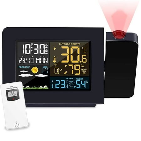 TiokMc Projection Alarm Clock with Indoor Outdoor Temperature Display, Dual Alarms, Multi-Colored Backlight, Weather Forecast, Wireless Remote Sensor