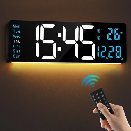 TOYOOSKY 16 Large Digital Wall Clock with Night Light(Black, White Blue LED)