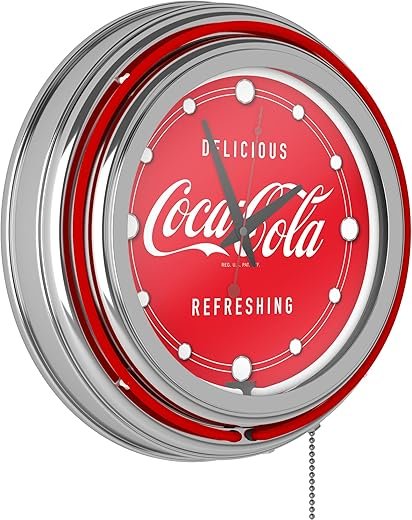 Trademark Global Coca-Cola Retro Neon Wall Clock, 14 Decorative Plug in or Battery Operated Analog Clock with Pull Chain